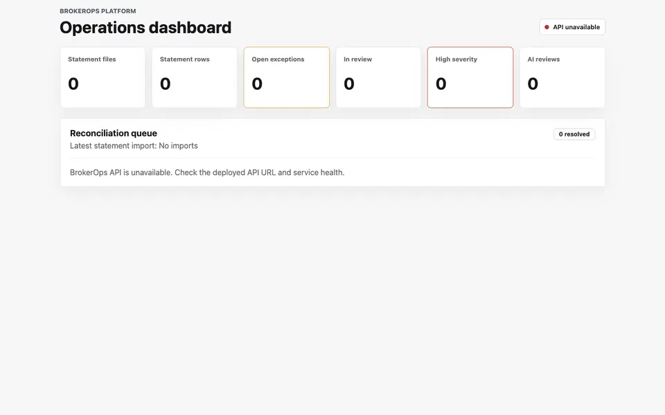 BrokerOps operations dashboard with reconciliation summary; the public preview reports its API as unavailable.