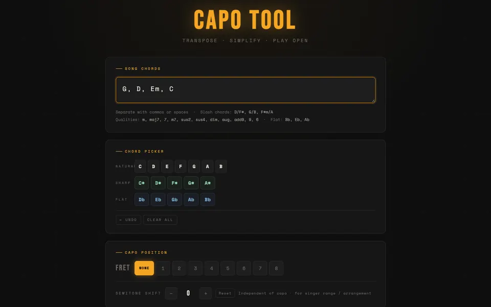 Capo Tool with an example chord progression, transposed results, and capo recommendations.