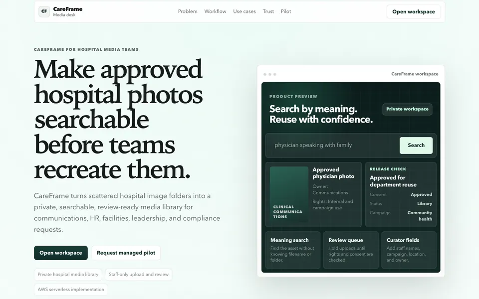 CareFrame media-library preview with semantic search, reuse status, and sample hospital photos.