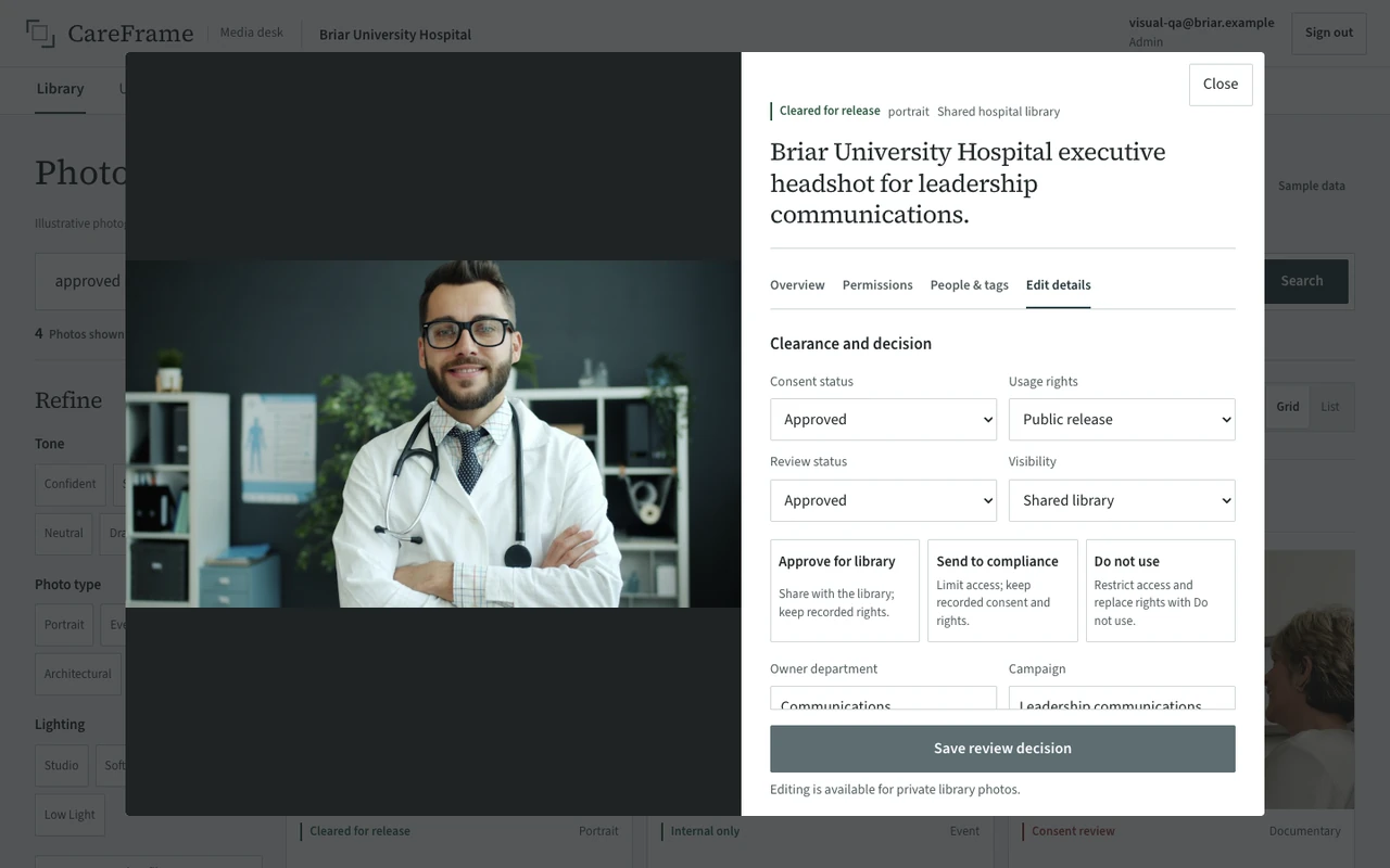CareFrame local review editor with consent status, usage rights, library visibility and Save review decision controls.