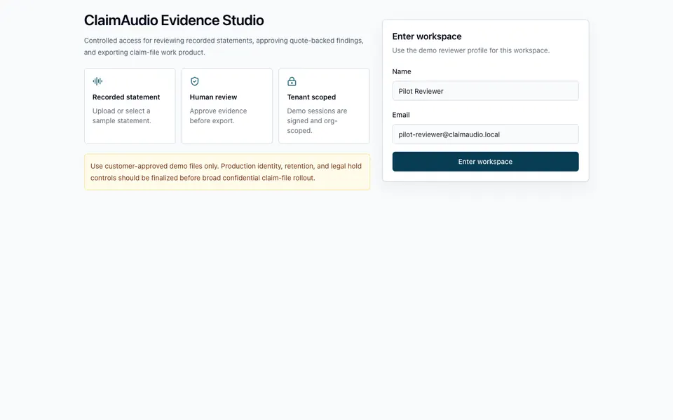 ClaimAudio Evidence Studio demo access screen for the reviewer workspace.