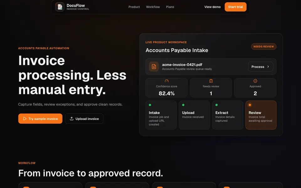 DocuFlow accounts-payable workspace with a sample invoice and confidence-based review.