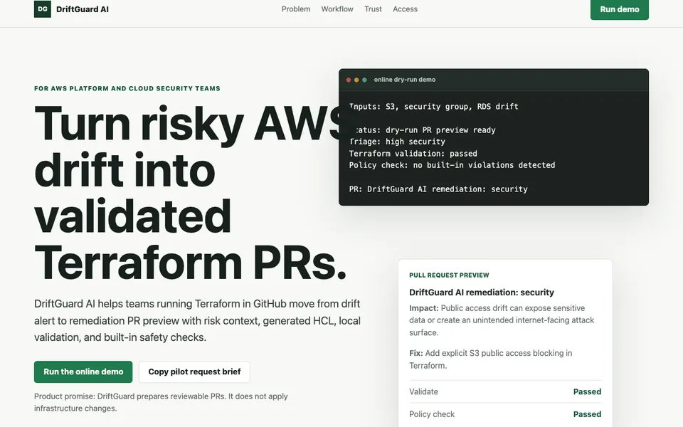 DriftGuard AI dry-run remediation preview with Terraform validation and pull-request summary.