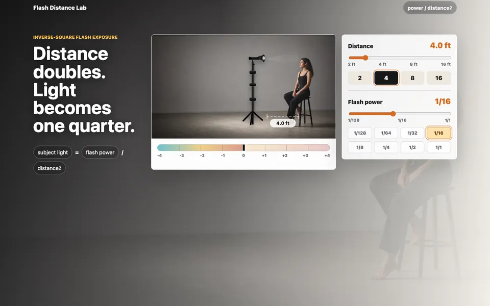 Flash Distance Lab exposure simulator showing distance, power, and inverse-square results.