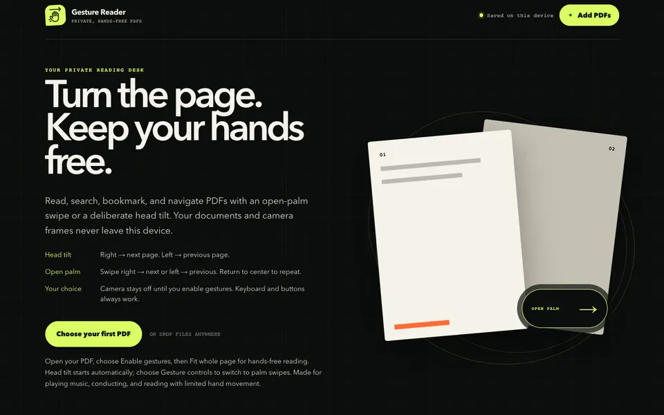 Gesture Reader public app view with a private PDF desk and hands-free navigation controls.