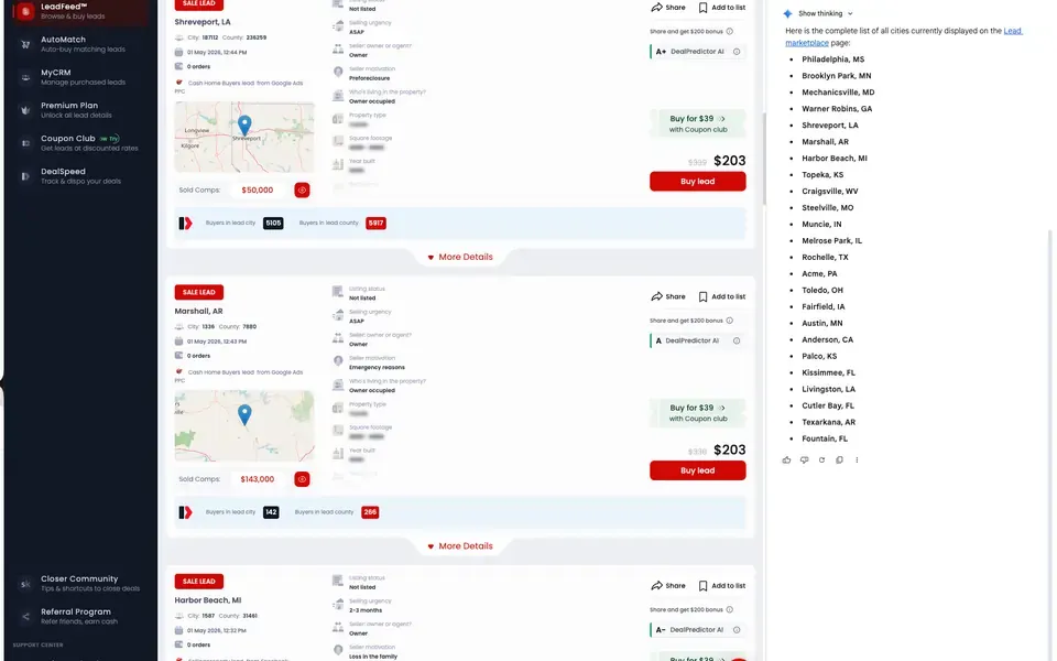 Market Scout bulk shortlist workflow comparing property and market records.