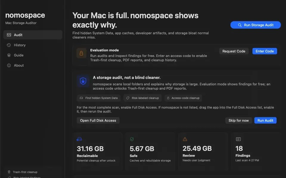 nomospace evaluation mode on macOS with storage findings and cleanup choices.