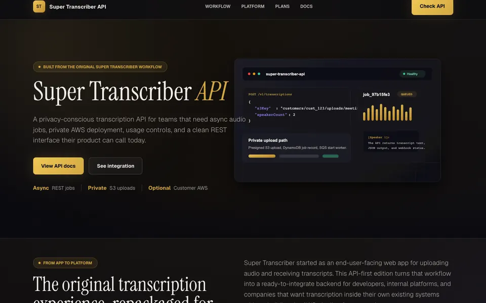 Super Transcriber API product preview with asynchronous transcription and REST integration panels.