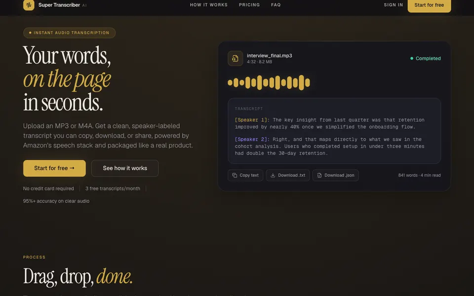 Super Transcriber preview with a sample speaker-labeled transcript and playback controls.